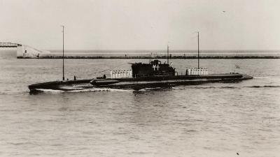 A submarine in the water.